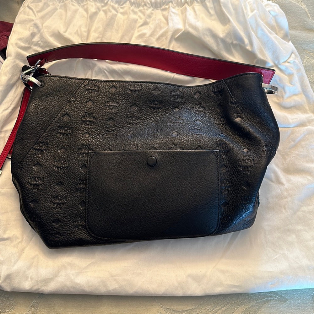 MCM Calfskin Ottomar Monogram Large Klara Hobo Black Red